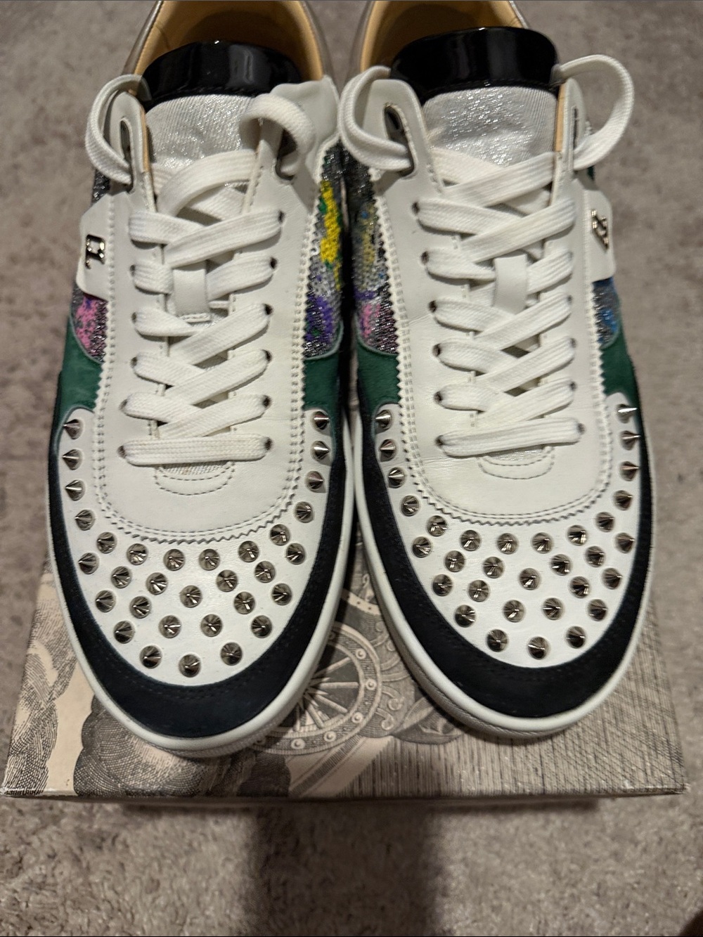 Christian Louboutin White, Black and Green Sequin-Accent Low-Top Sneakers - Picture 5 of 10